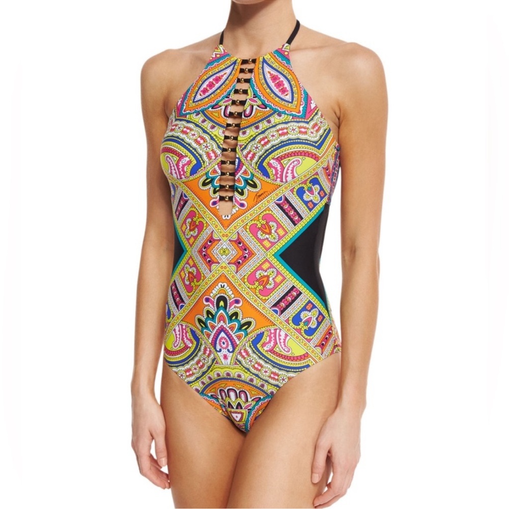 Trina Turk Napel Halter Beaded One Piece Swimsuit Size 10